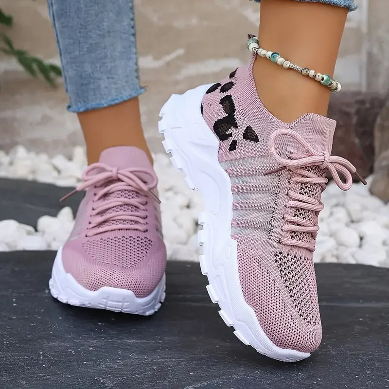 Damen Sneaker Leopardenmuster Strickschaft atmungsaktiv Schnürer