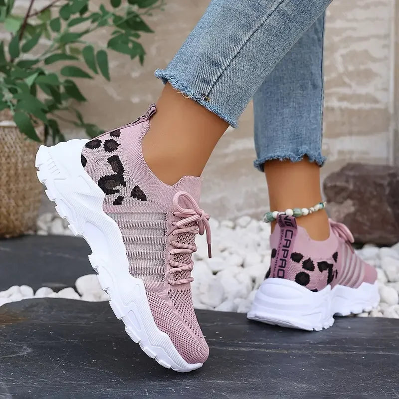 Damen Sneaker Leopardenmuster Strickschaft atmungsaktiv Schnürer