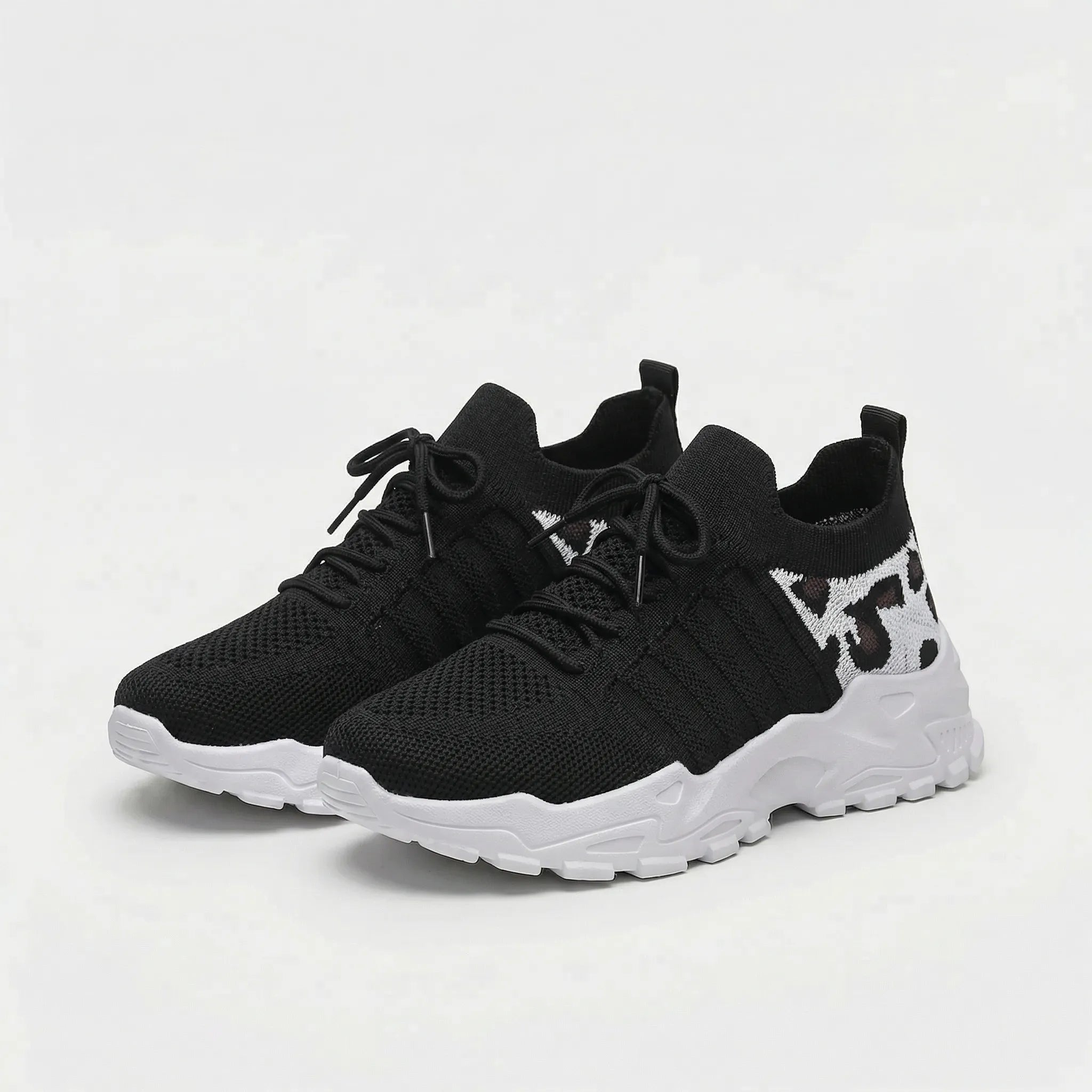Damen Sneaker Leopardenmuster Strickschaft atmungsaktiv Schnürer
