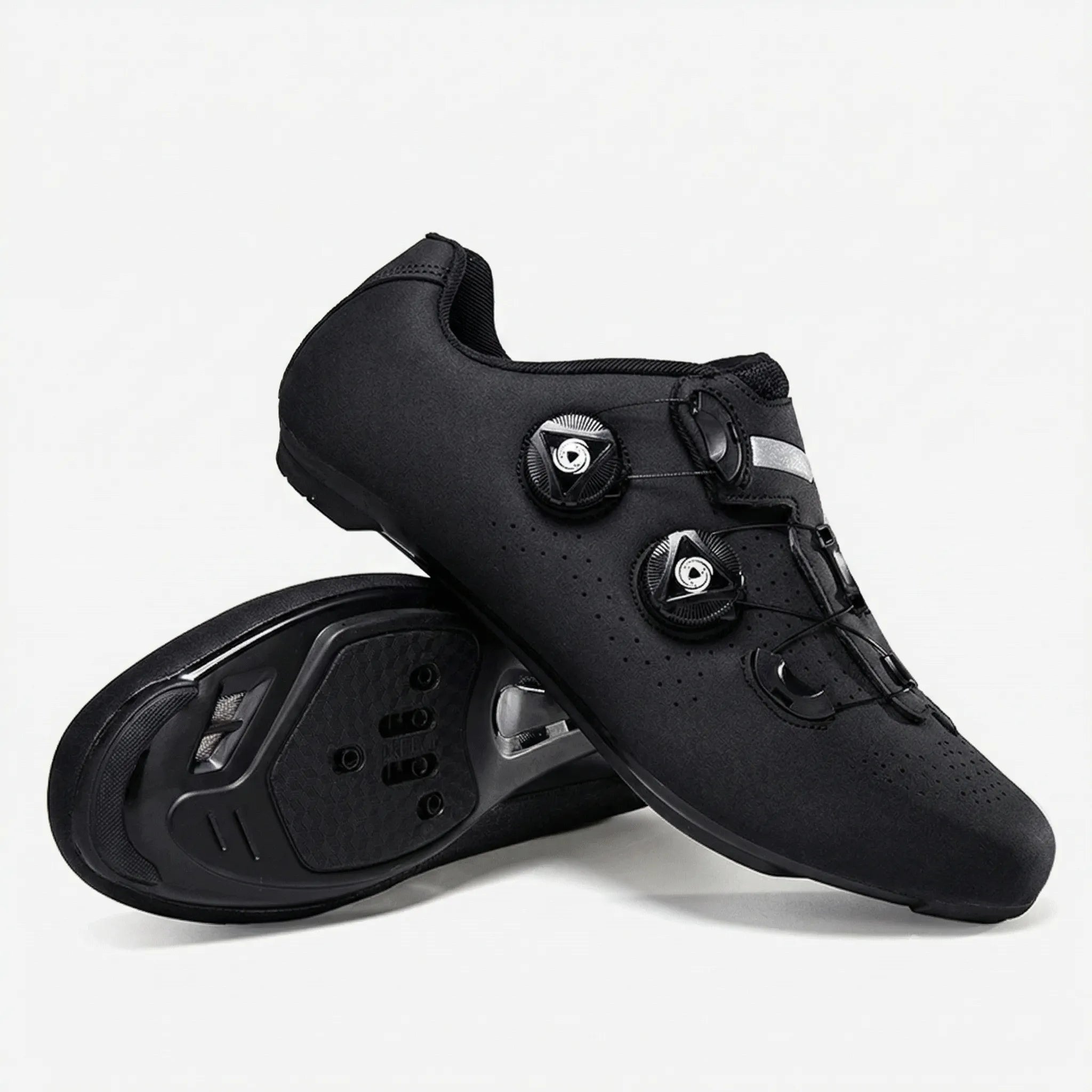 Selbstverriegelnder Radschuh mit Doppel-Dial-Verschluss und reflektierendem Streifen