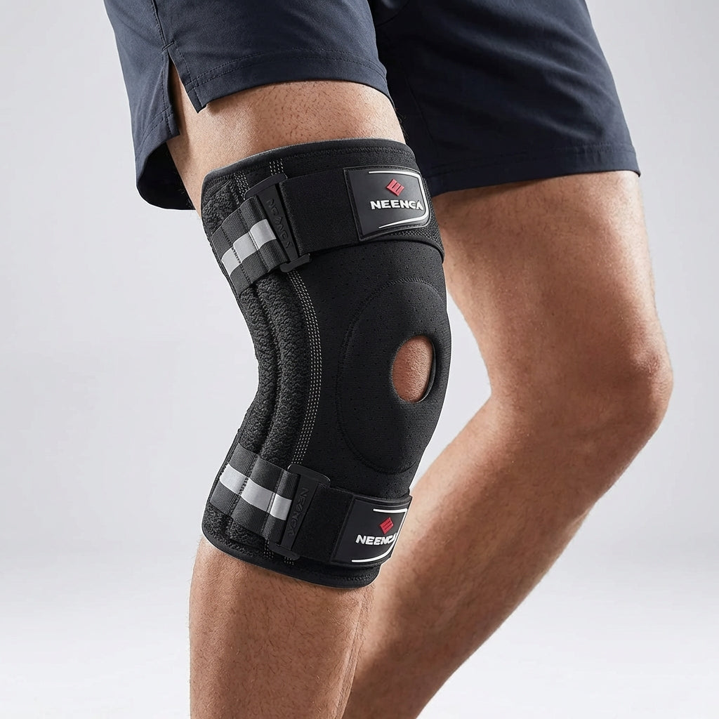 Verstellbare Kniebandage mit Gelenk und Seitenstabilisatoren für Stabilität