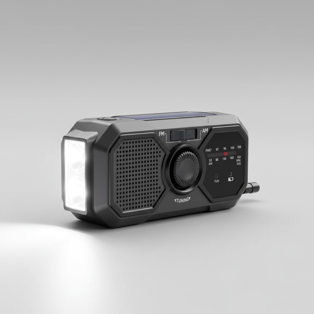 Notfallradio mit Kurbelantrieb, Solarpanel und integrierter Taschenlampe