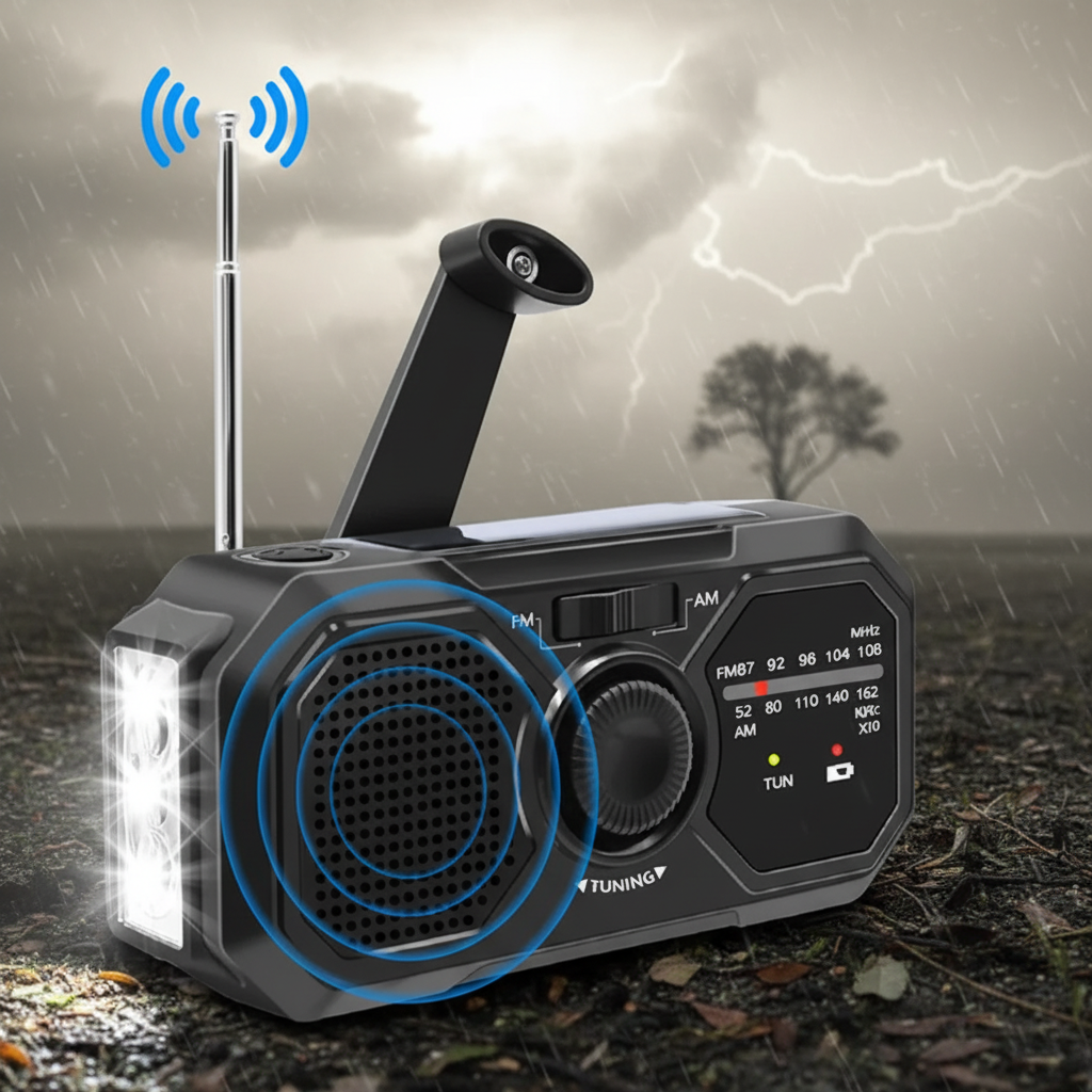 Notfallradio mit Kurbelantrieb, Solarpanel und integrierter Taschenlampe