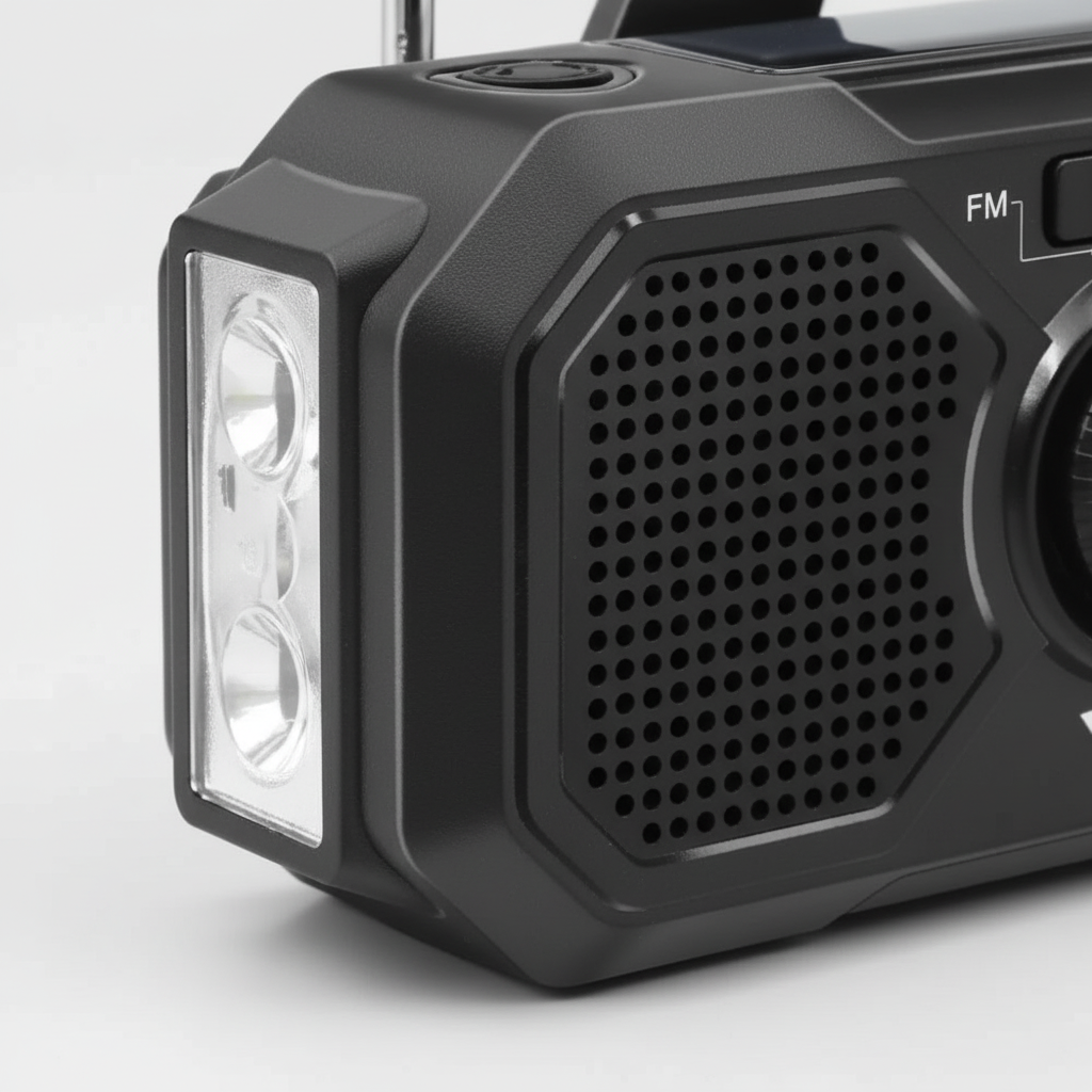 Notfallradio mit Kurbelantrieb, Solarpanel und integrierter Taschenlampe