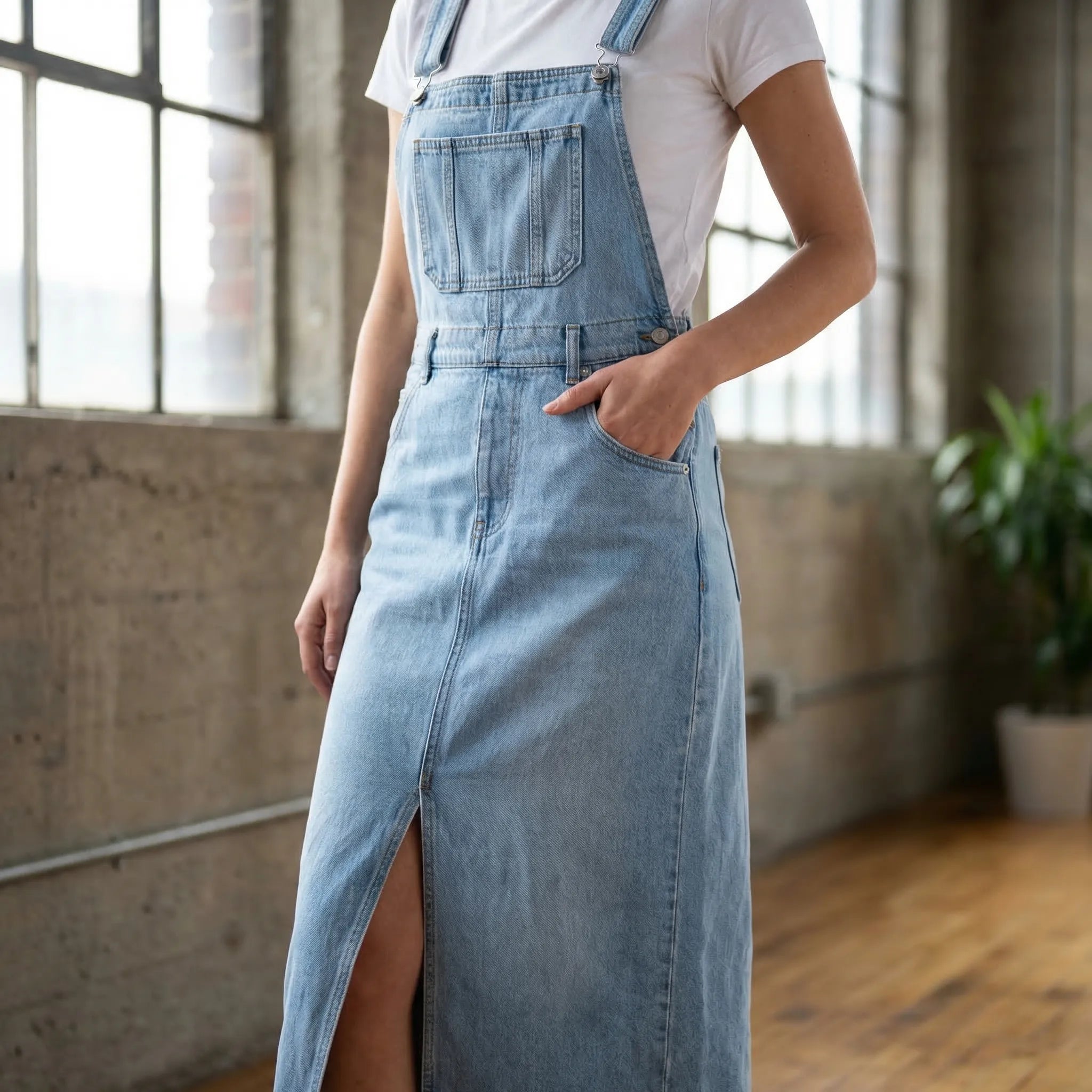 Denim-Trägerkleid Midi legere Passform verstellbare Träger