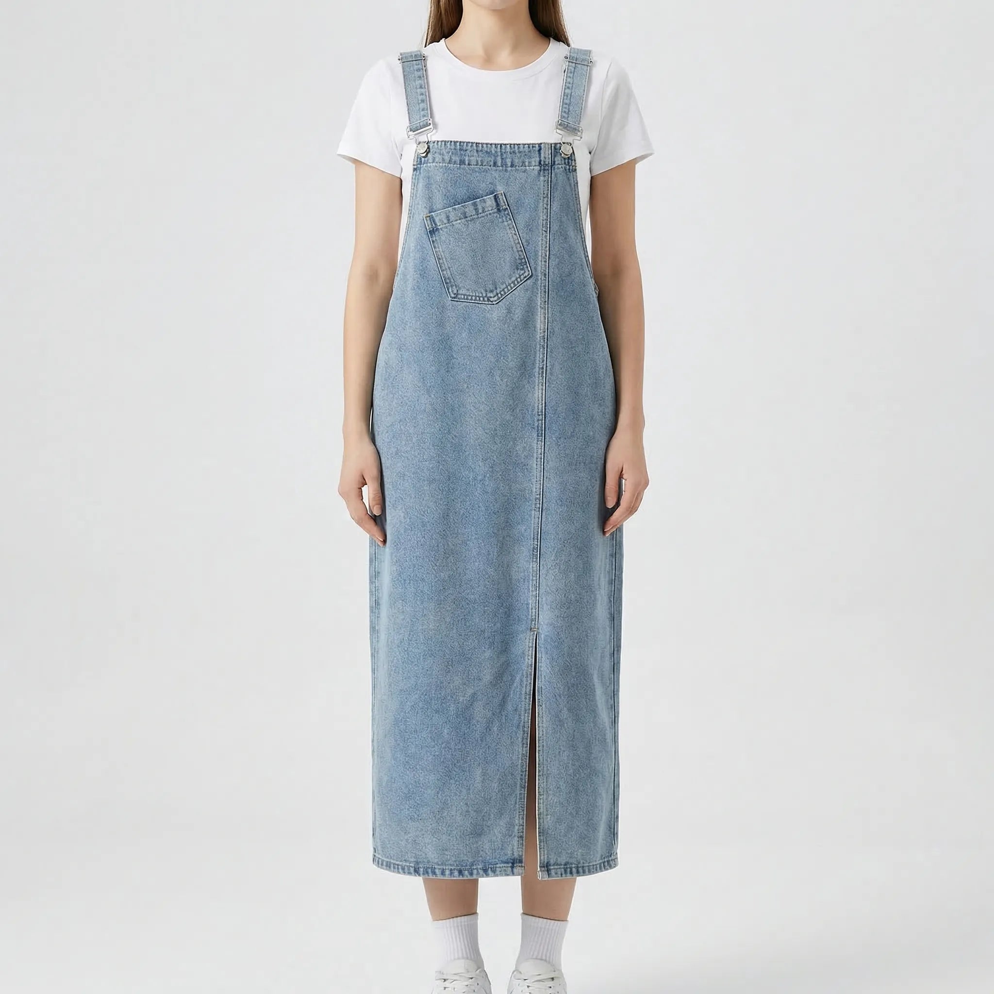 Denim-Trägerkleid Midi legere Passform verstellbare Träger