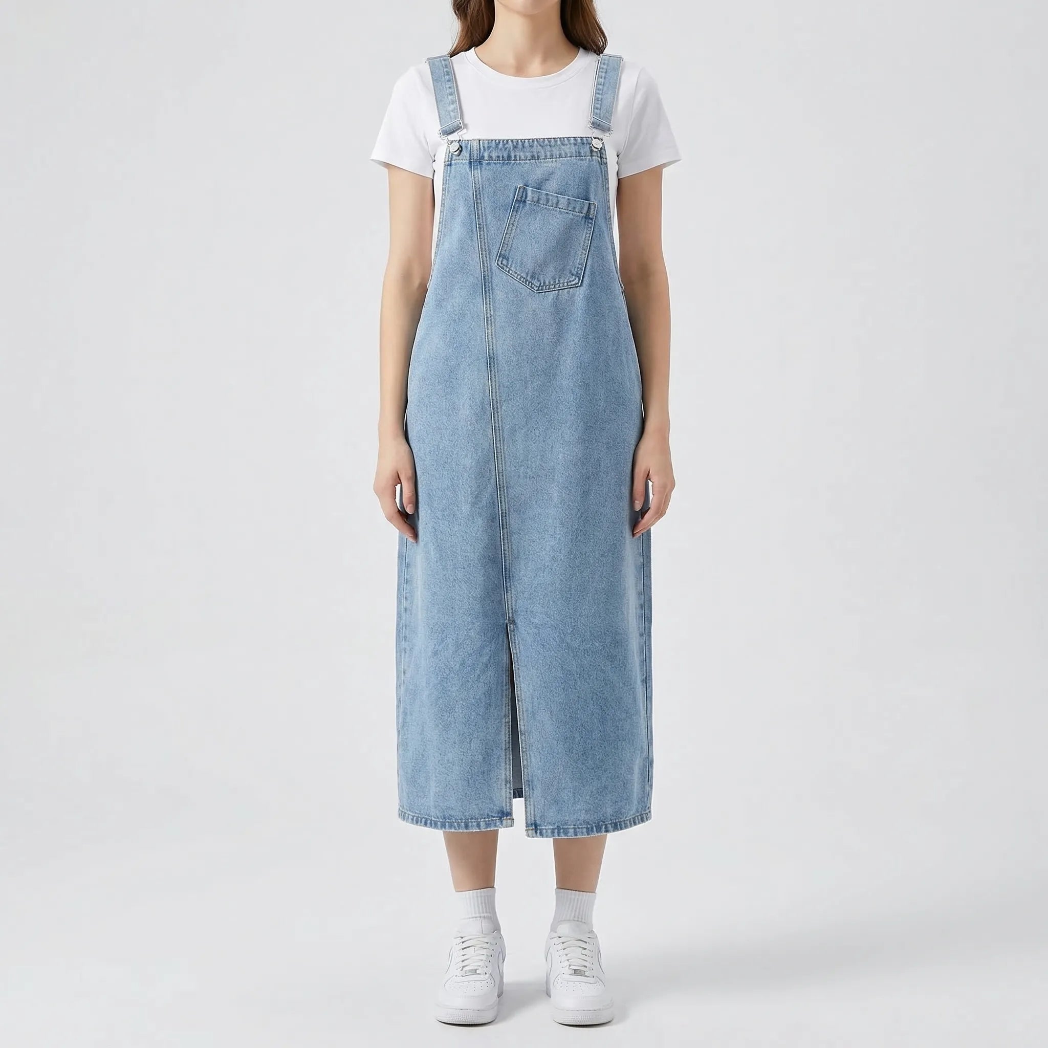 Denim-Trägerkleid Midi legere Passform verstellbare Träger