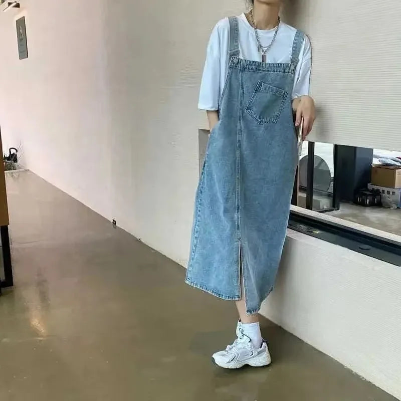 Denim-Trägerkleid Midi legere Passform verstellbare Träger