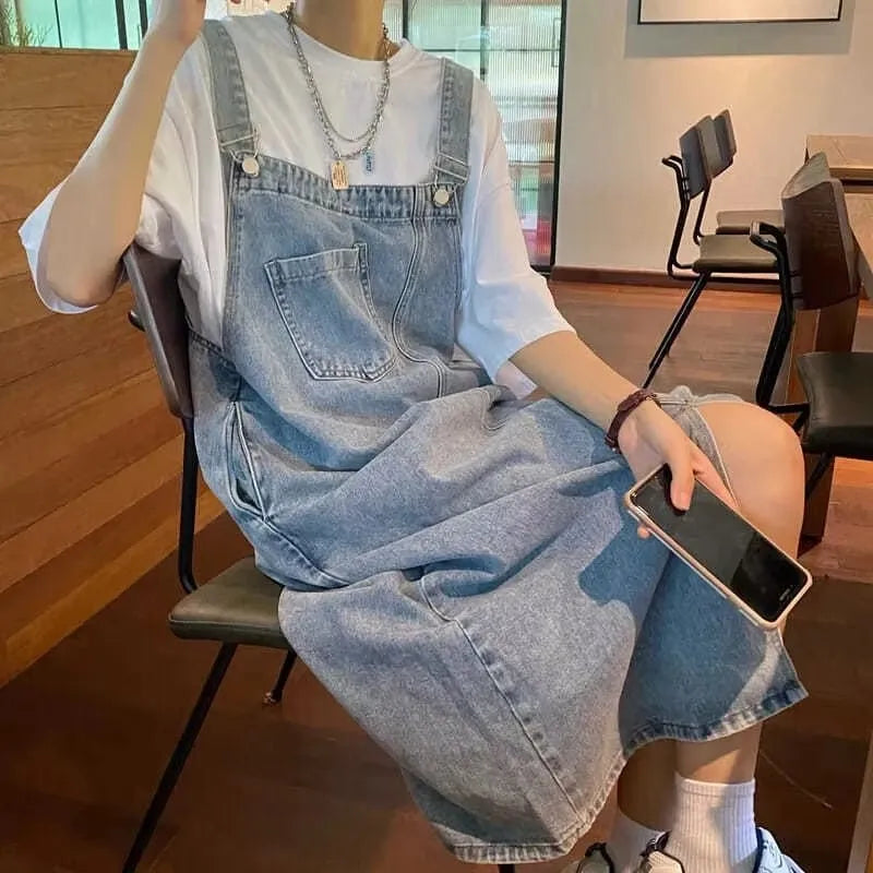 Denim-Trägerkleid Midi legere Passform verstellbare Träger