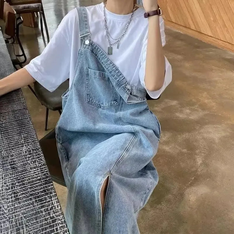 Denim-Trägerkleid Midi legere Passform verstellbare Träger