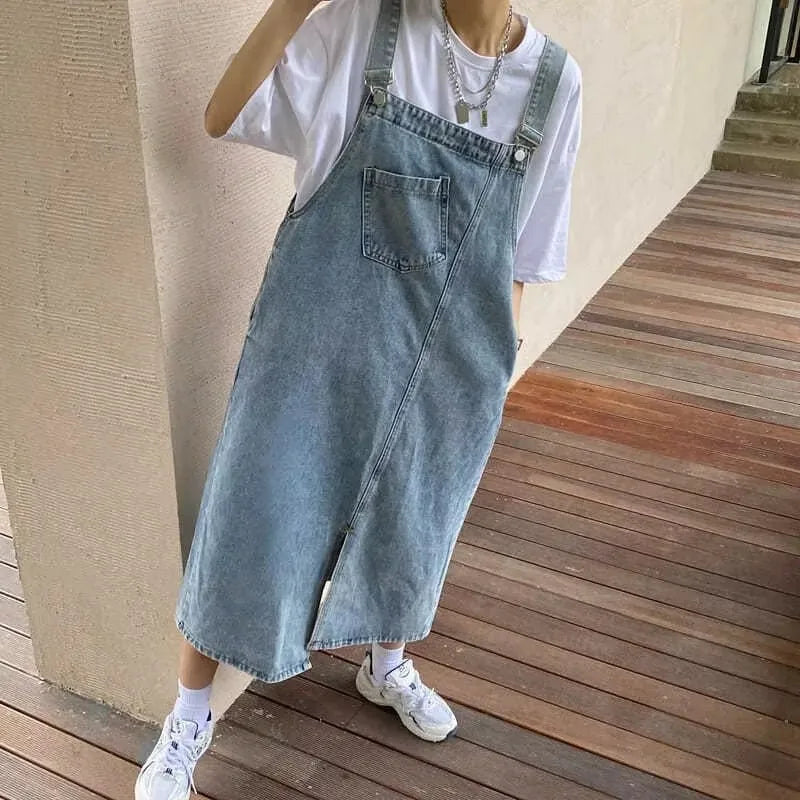 Denim-Trägerkleid Midi legere Passform verstellbare Träger