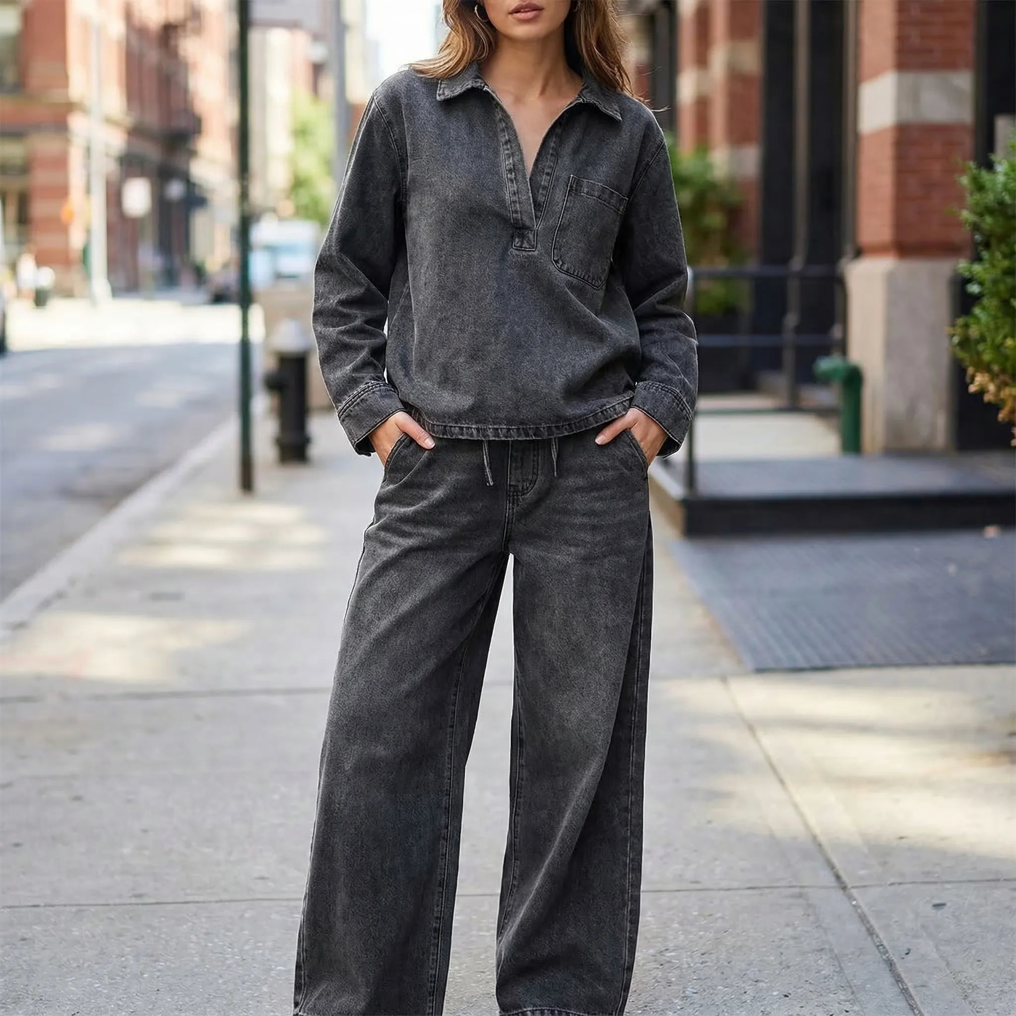 Denim Co-Ord Set Damen gewaschenes Grau Zweiteiler Umlegekragen weites Bein