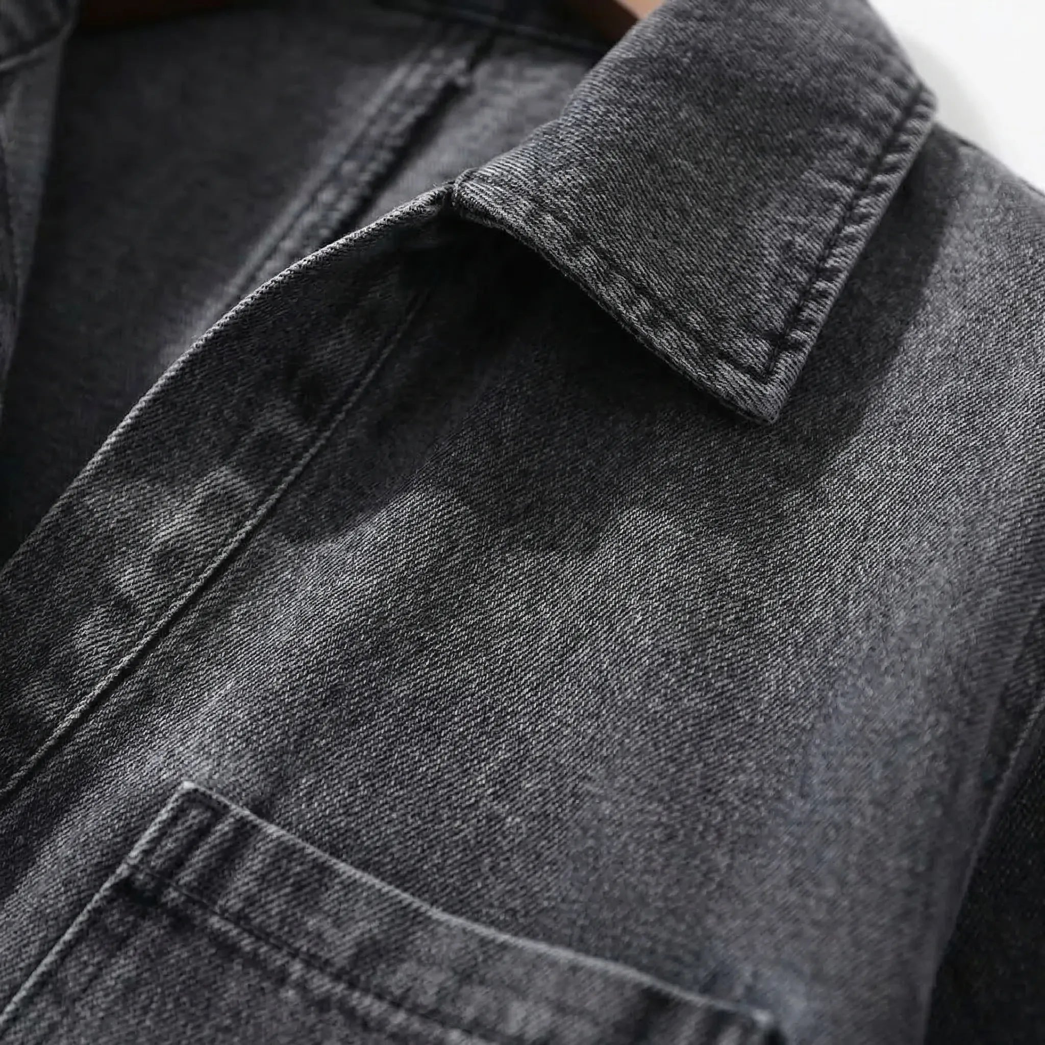 Denim Co-Ord Set Damen gewaschenes Grau Zweiteiler Umlegekragen weites Bein