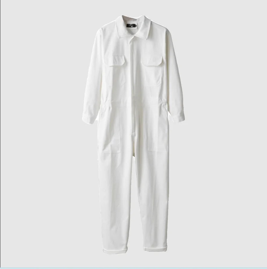 Langarm-Jumpsuit Cargo-Taschen weißer Stoff strukturierter Kragen