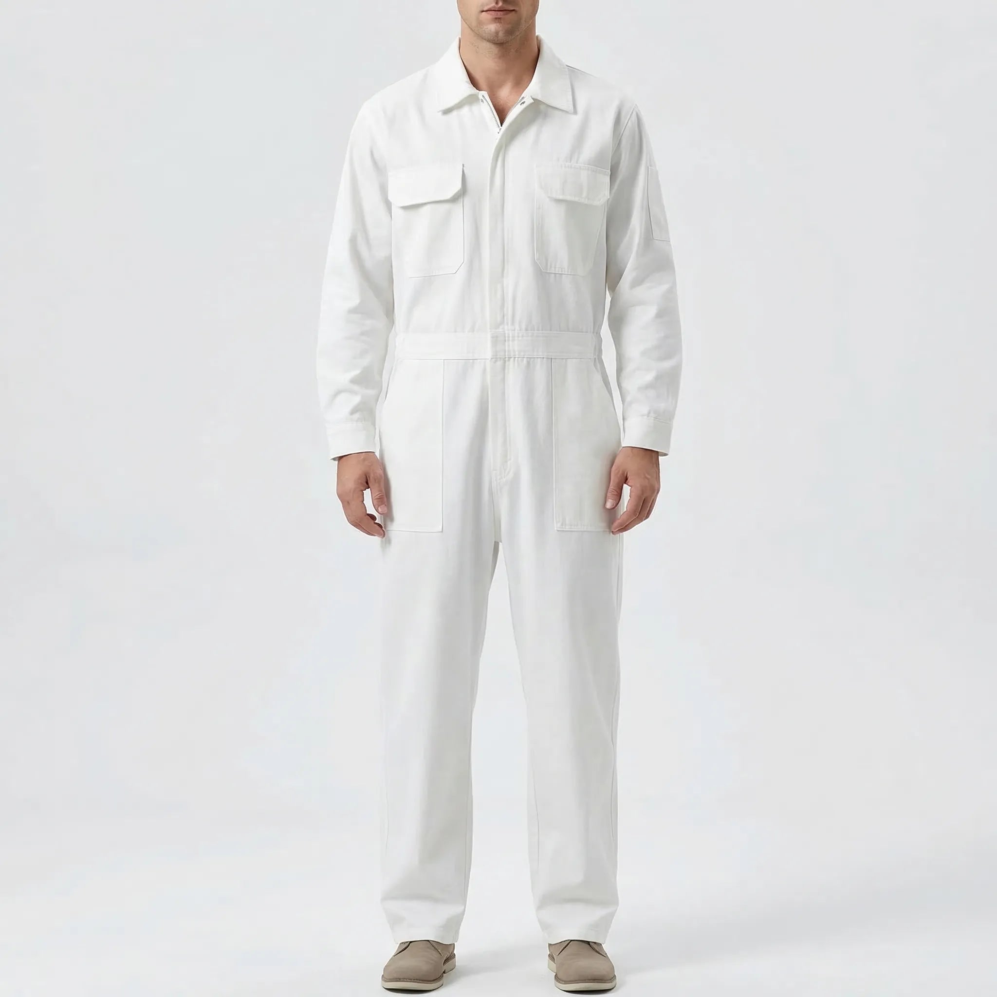 Langarm-Jumpsuit Cargo-Taschen weißer Stoff strukturierter Kragen