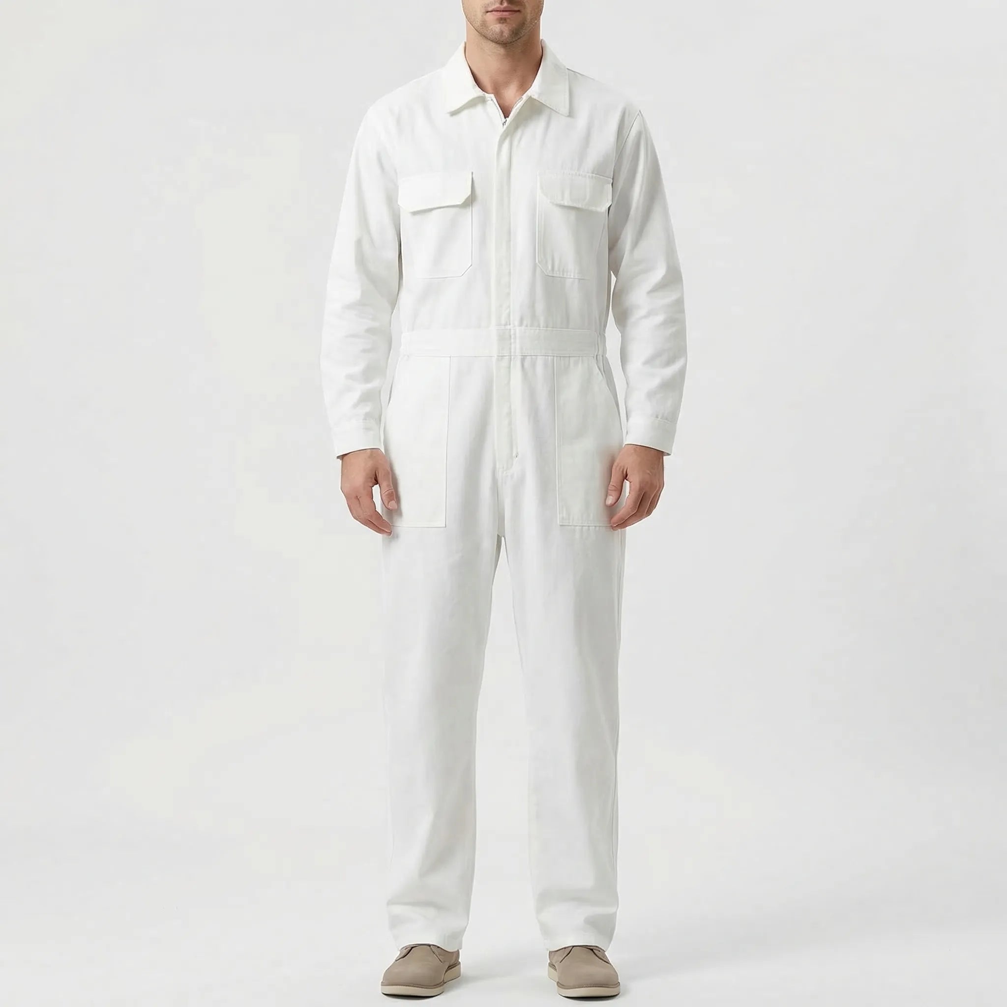 Langarm-Jumpsuit Cargo-Taschen weißer Stoff strukturierter Kragen