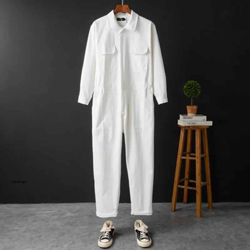 Langarm-Jumpsuit Cargo-Taschen weißer Stoff strukturierter Kragen