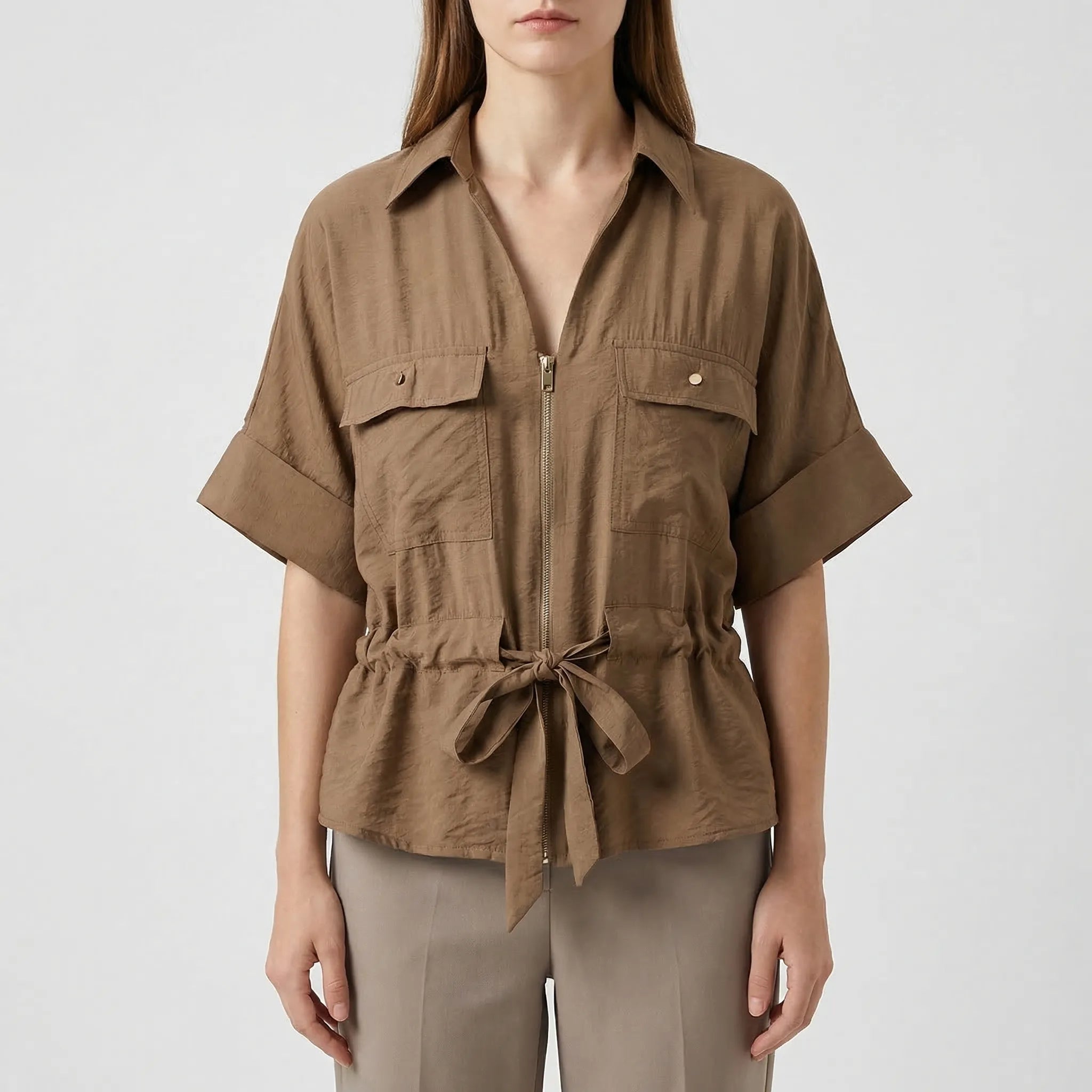 Damen Zweiteiler Set Hemd mit Gürtel und Hose mit weitem Bein