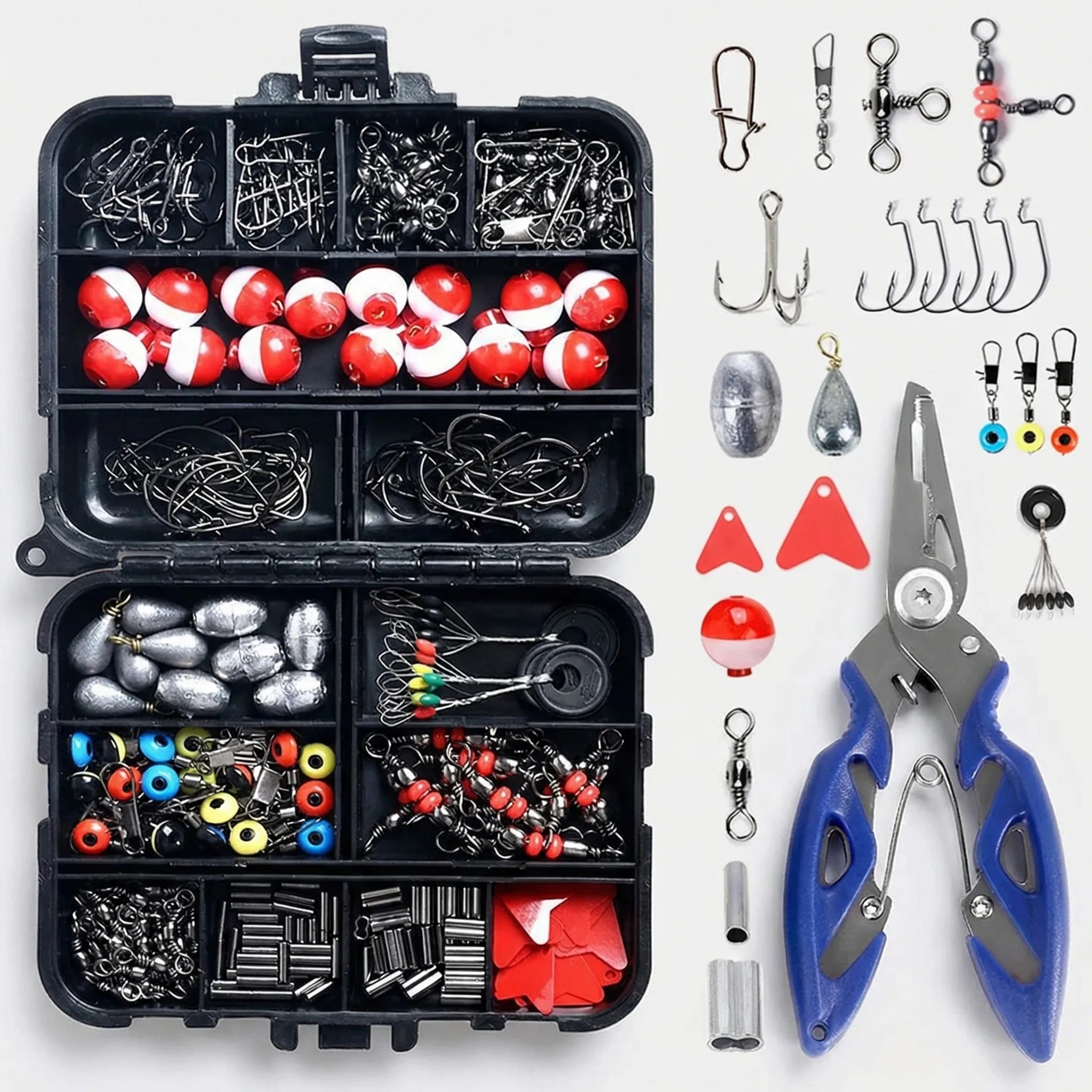 Angelgerät Set 263-teilig mit Haken Senker Wirbel Schwimmer Zange Angelkasten