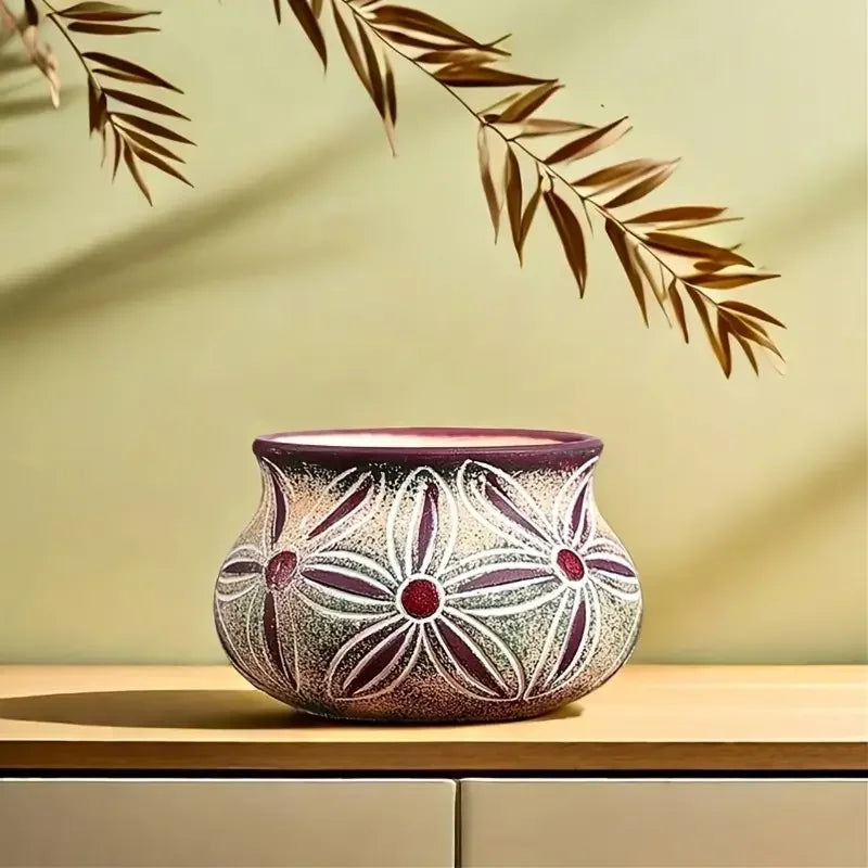 Kleiner Blumentopf mit Drainage bohemisches handgemaltes Muster