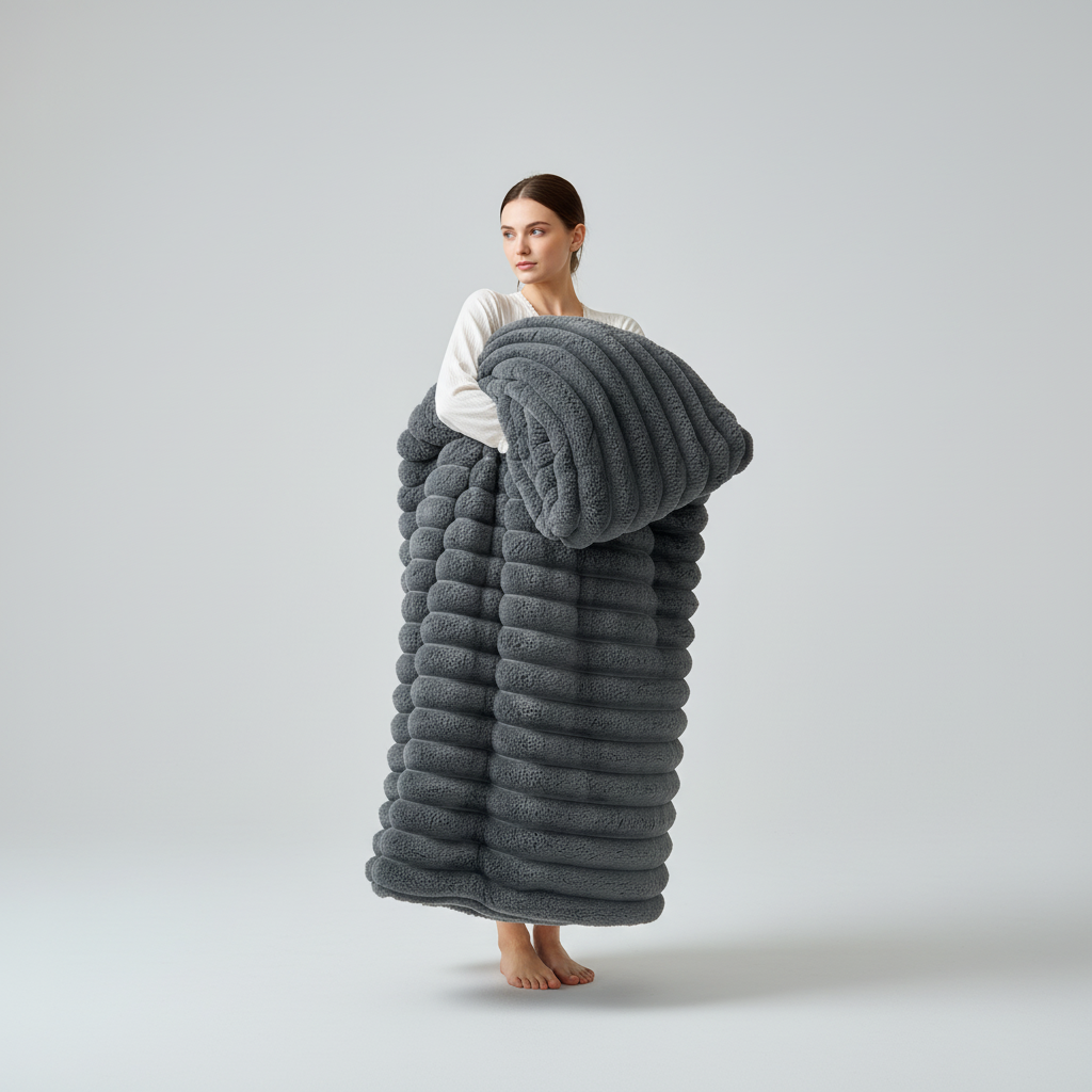 Flauschige Korallenfleece-Decke mit Streifenmuster übergroß warm