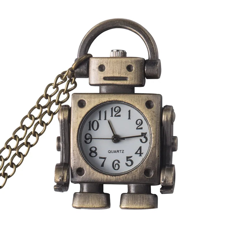 Vintage Roboter Taschenuhren-Anhänger mit Rundzifferblatt und Schlüsselanhänger-Schlaufe