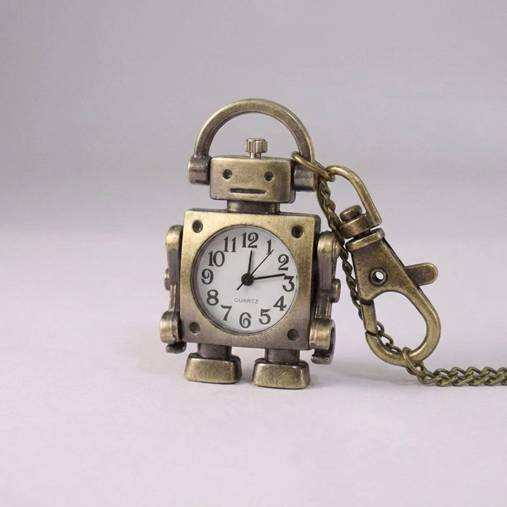 Vintage Roboter Taschenuhren-Anhänger mit Rundzifferblatt und Schlüsselanhänger-Schlaufe