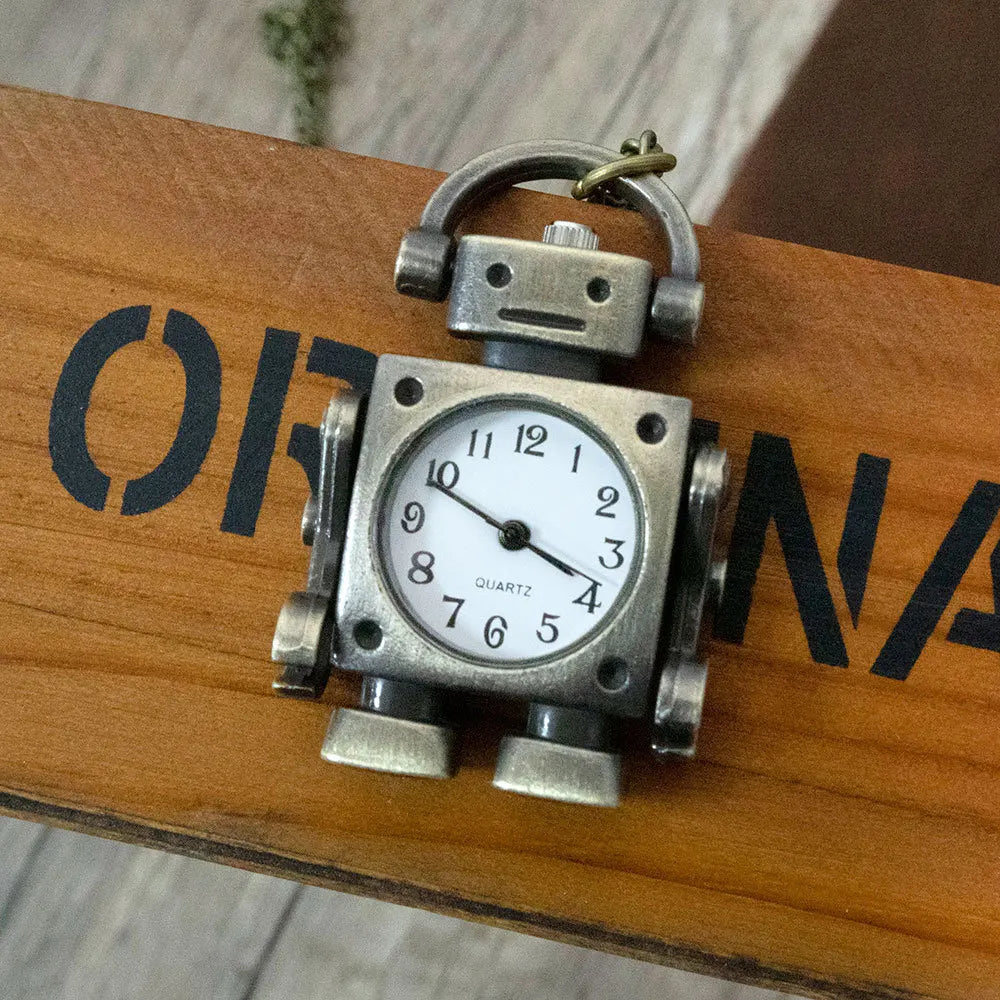 Vintage Roboter Taschenuhren-Anhänger mit Rundzifferblatt und Schlüsselanhänger-Schlaufe