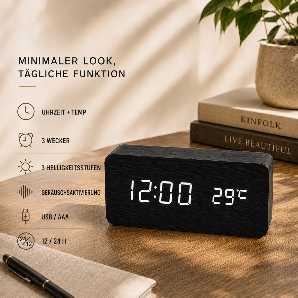Nordspur | Timberlyte Holz-LED-Wecker mit Temperaturanzeige