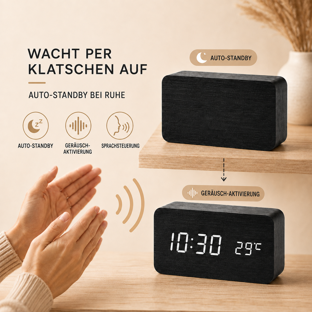 Nordspur | Timberlyte Holz-LED-Wecker mit Temperaturanzeige