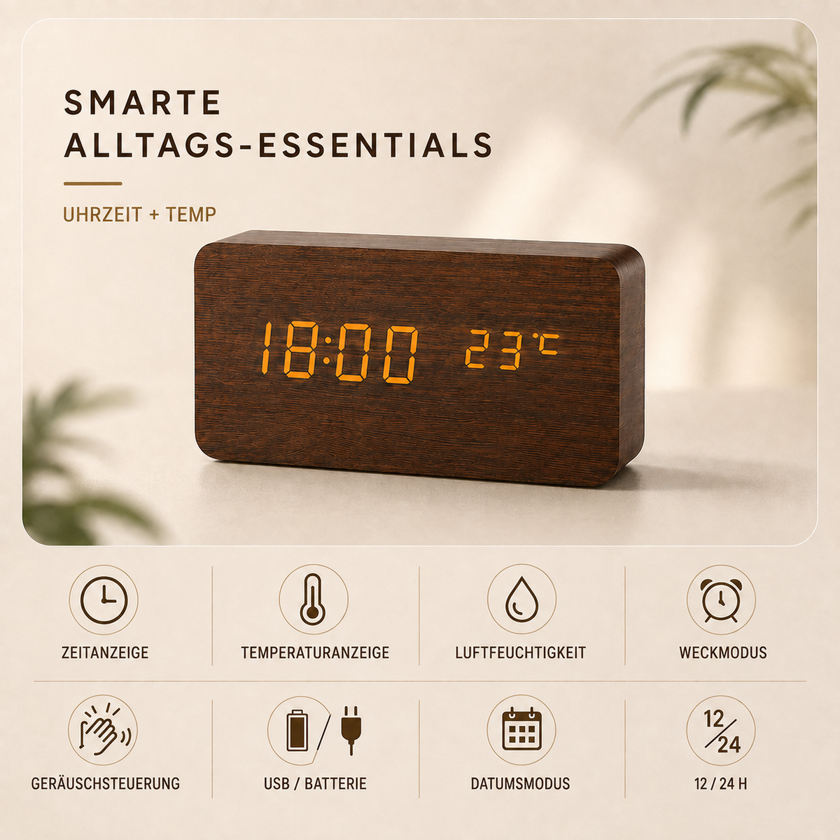 Nordspur | Timberlyte Holz-LED-Wecker mit Temperaturanzeige