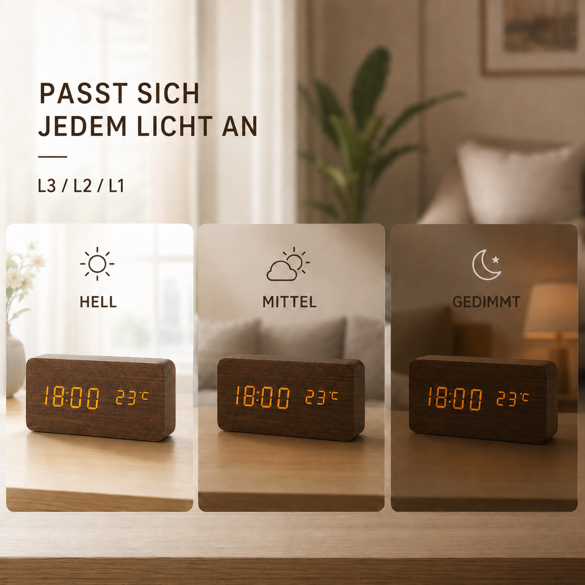 Nordspur | Timberlyte Holz-LED-Wecker mit Temperaturanzeige