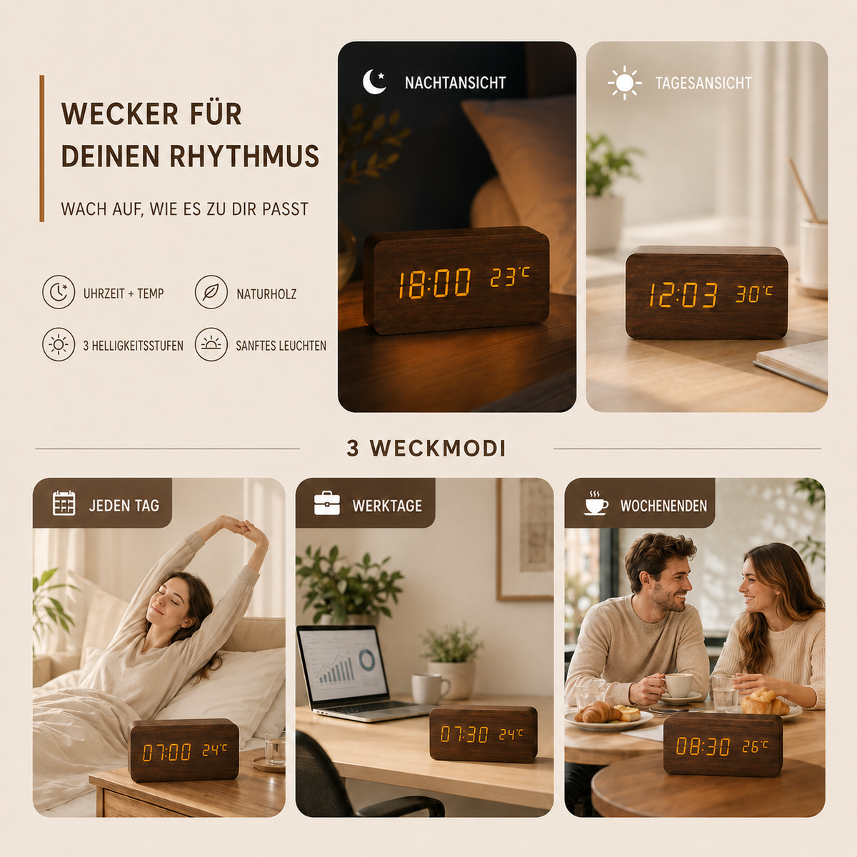 Nordspur | Timberlyte Holz-LED-Wecker mit Temperaturanzeige