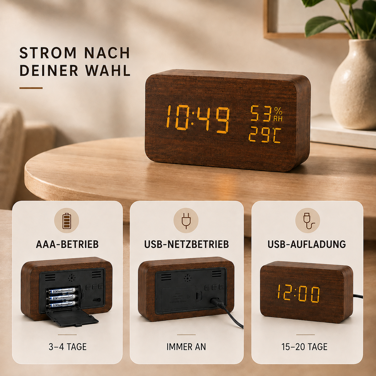 Nordspur | Timberlyte Holz-LED-Wecker mit Temperaturanzeige