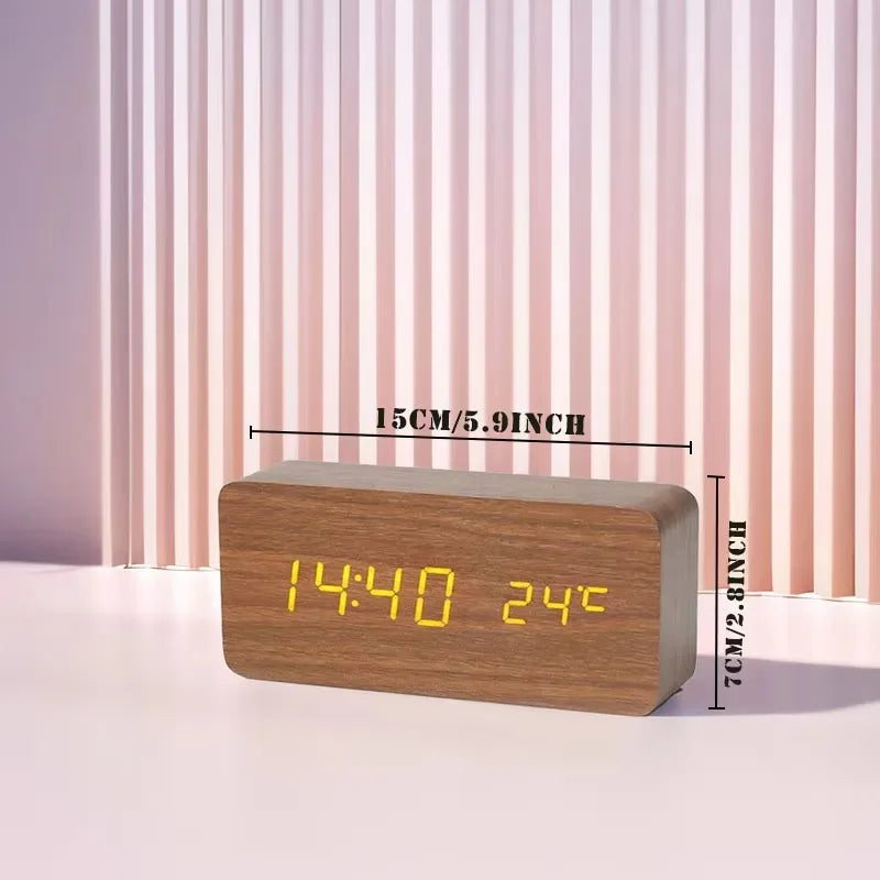 Holz-LED-Wecker mit digitaler Anzeige für Zeit und Temperatur