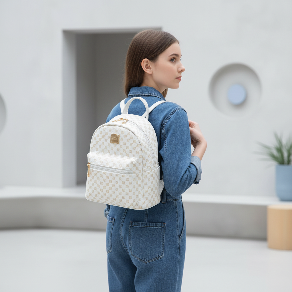 Kompakter modischer Rucksack mit gemustertem Design und Reißverschlusstasche