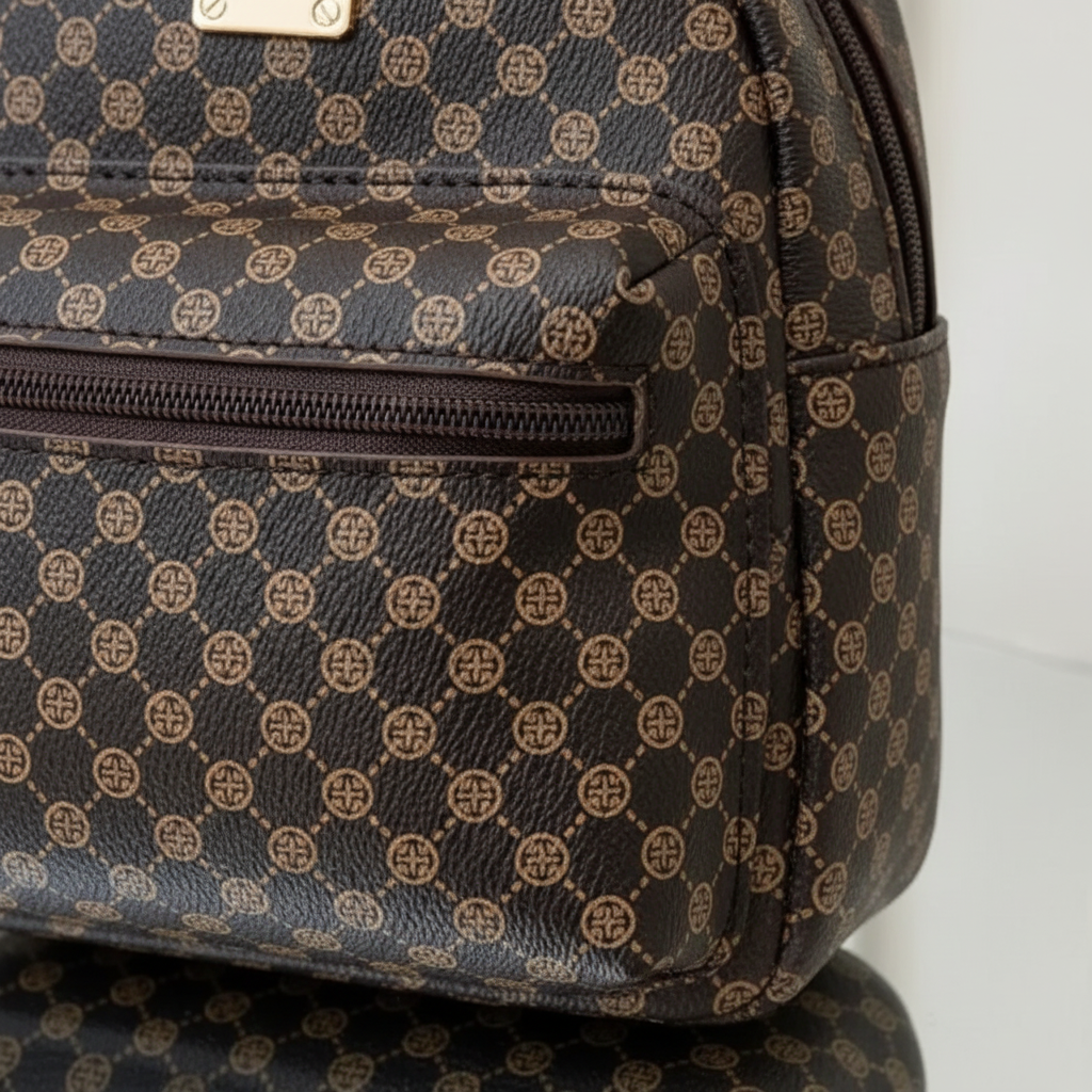 Kompakter modischer Rucksack mit gemustertem Design und Reißverschlusstasche