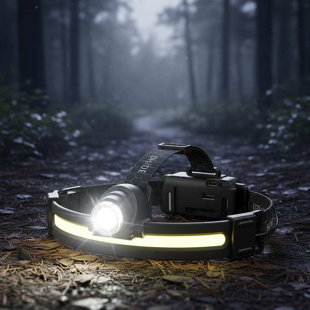 LED-Stirnlampe aufladbar mit Doppelstrahl und Bewegungssensor wasserdicht