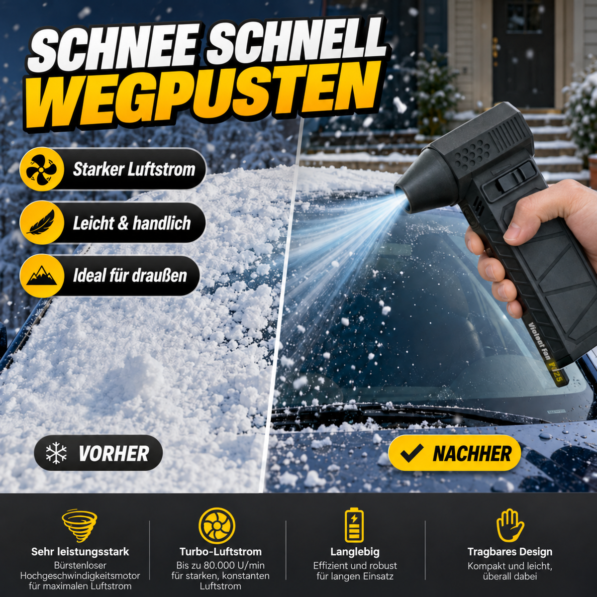 Nordspur | Tragbarer Turbo-Gebläse – 80.000 U/min Auto-Schnee- und Staubreiniger