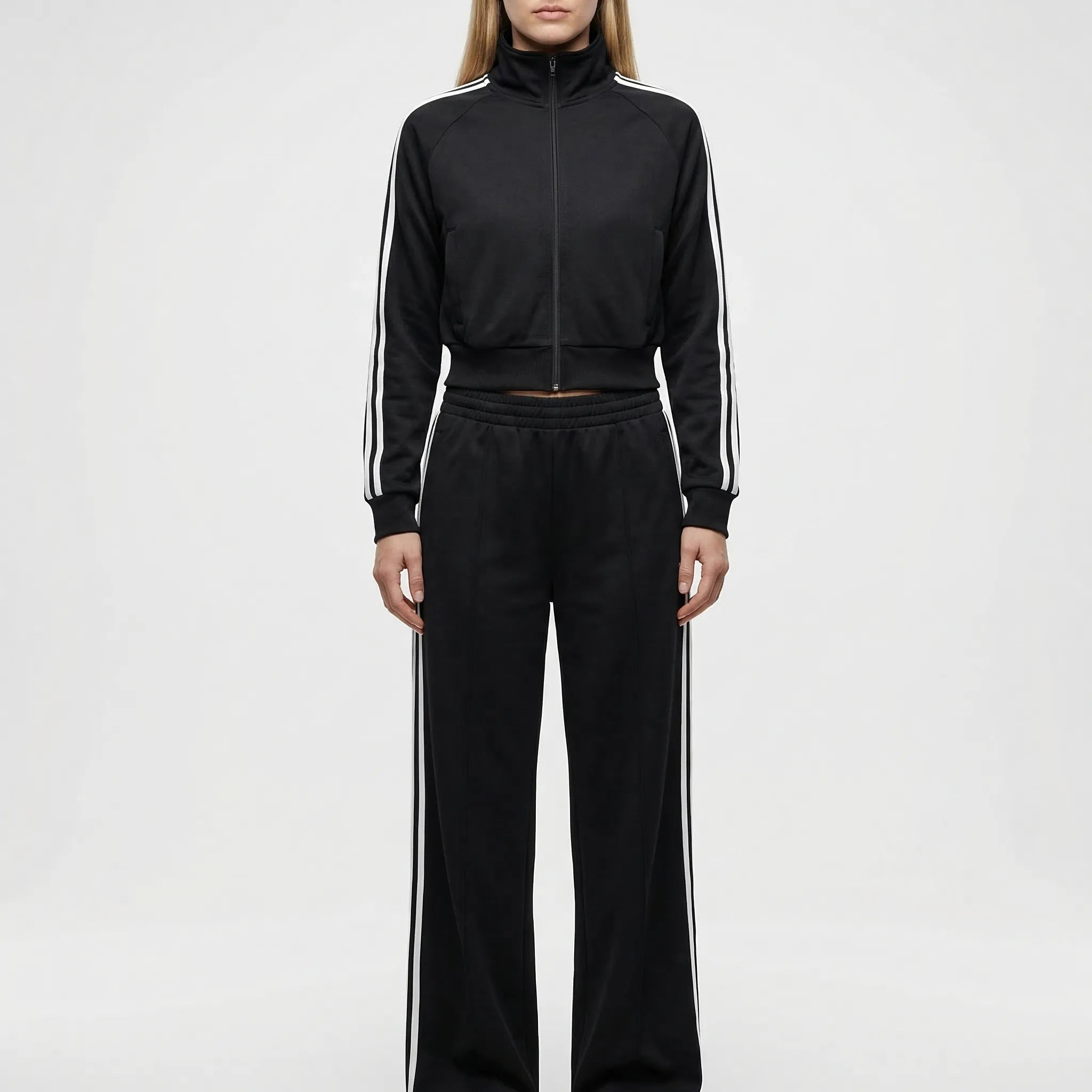 Damen Trainingsanzug schwarz-weiß gestreift Retro-Look weite Hose