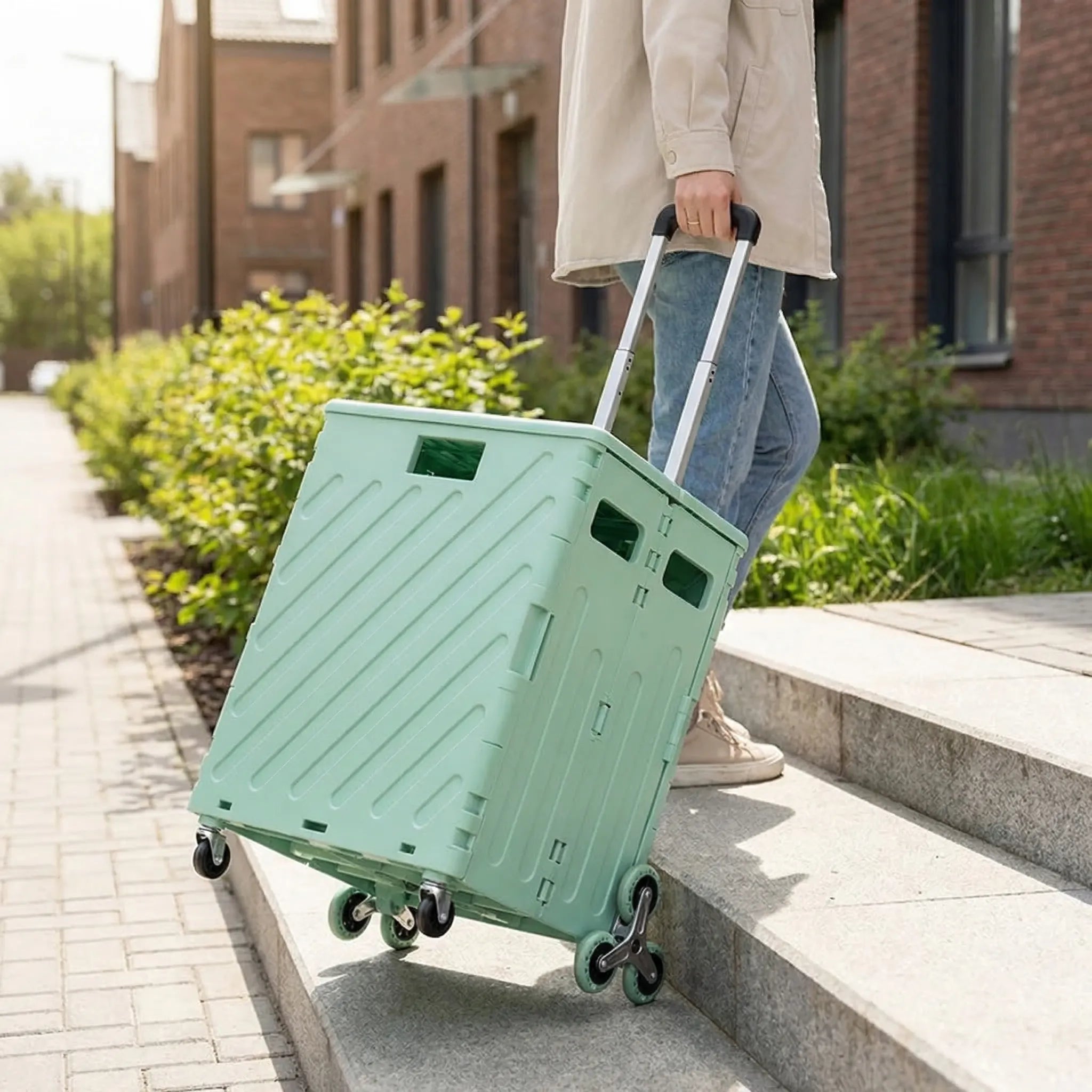 Faltbarer Einkaufswagen mit Treppenscheitel-Rädern und Deckelbox
