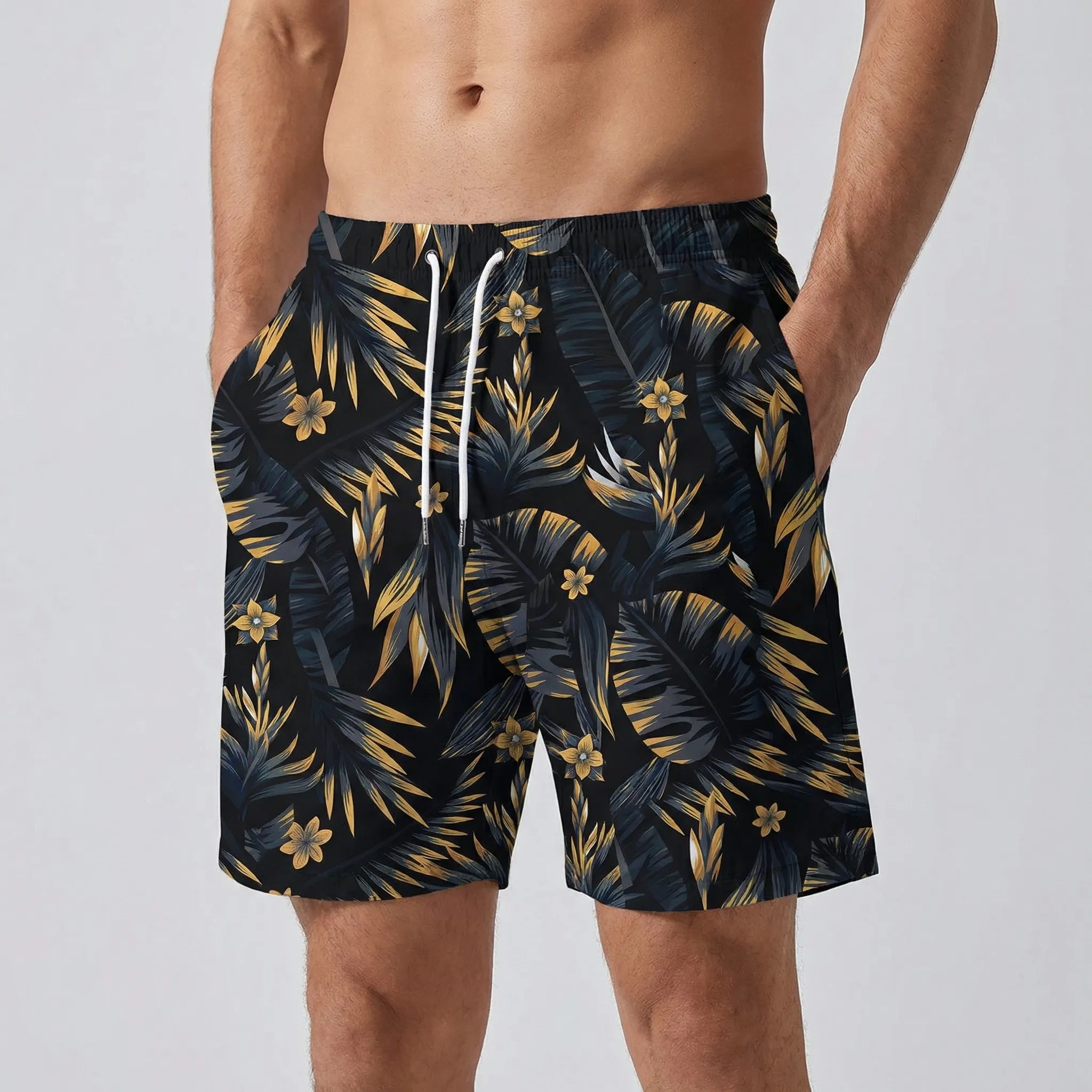 Herren-Badeshorts Blattdruck locker schnelltrocknend atmungsaktiv