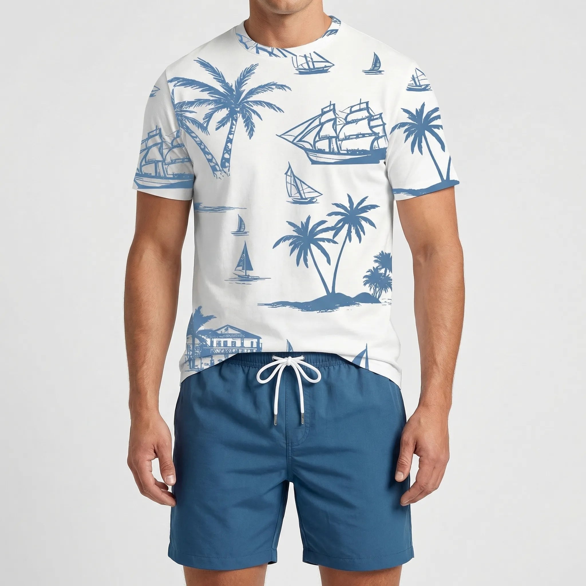 Herren Hawaii-Print Kurzarm-Shirt und Shorts Set leicht atmungsaktiv