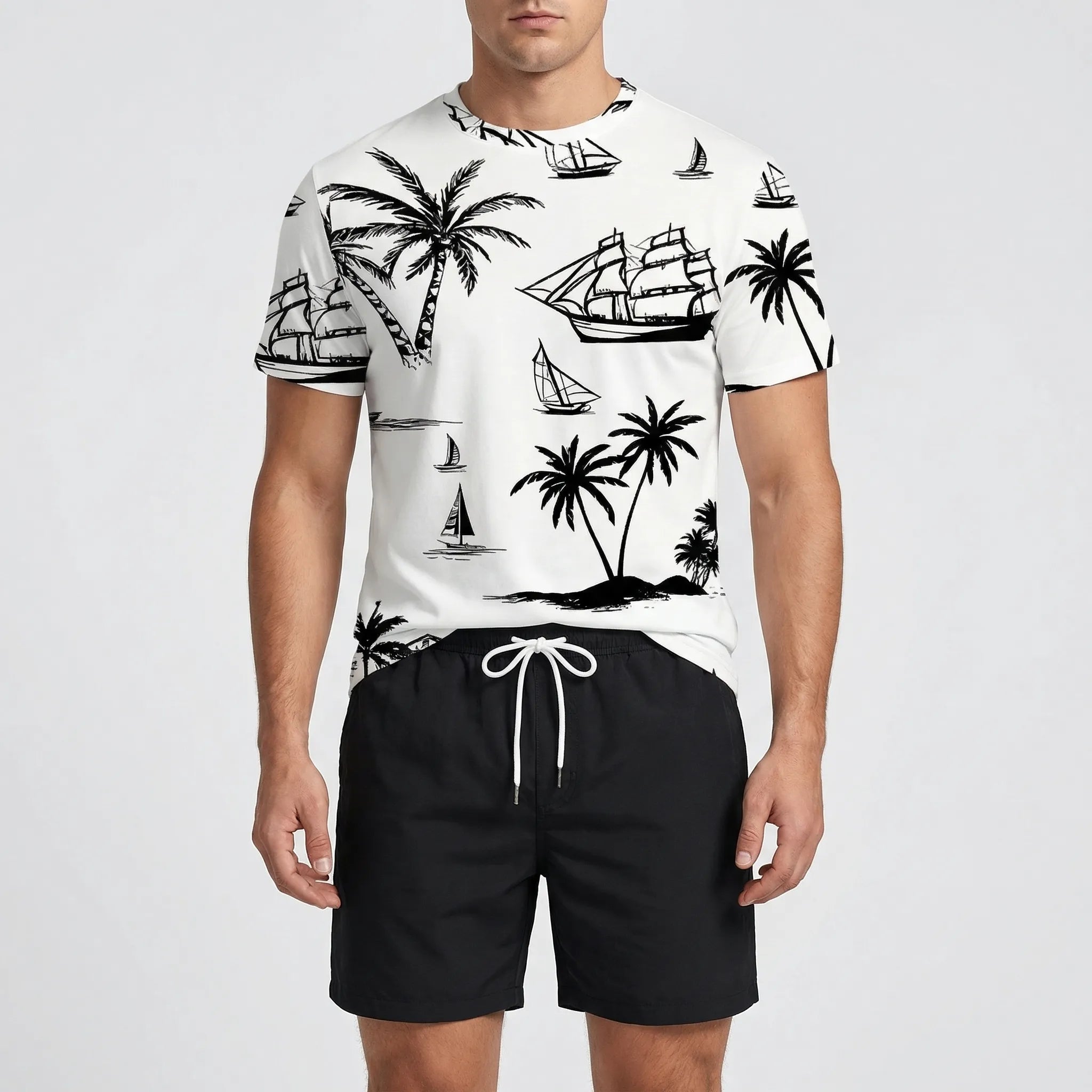 Herren Hawaii-Print Kurzarm-Shirt und Shorts Set leicht atmungsaktiv