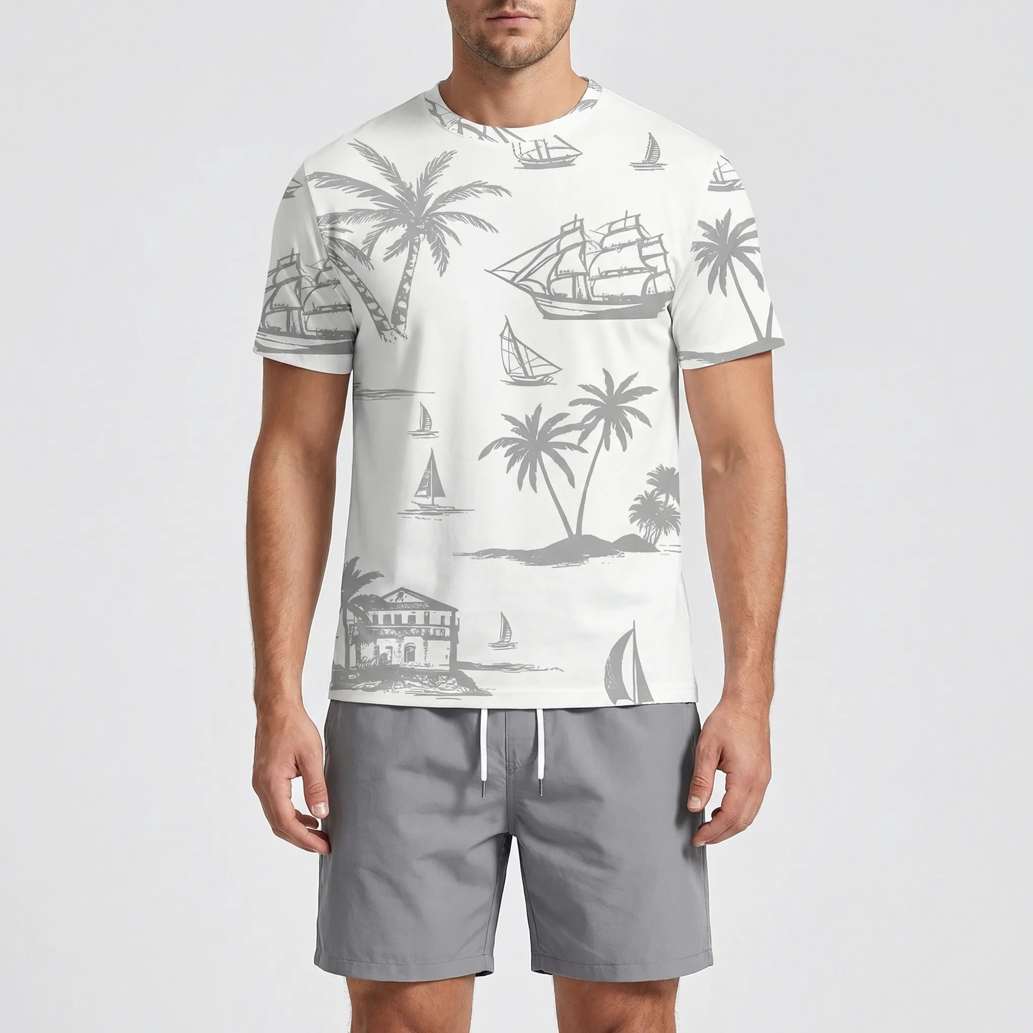 Herren Hawaii-Print Kurzarm-Shirt und Shorts Set leicht atmungsaktiv