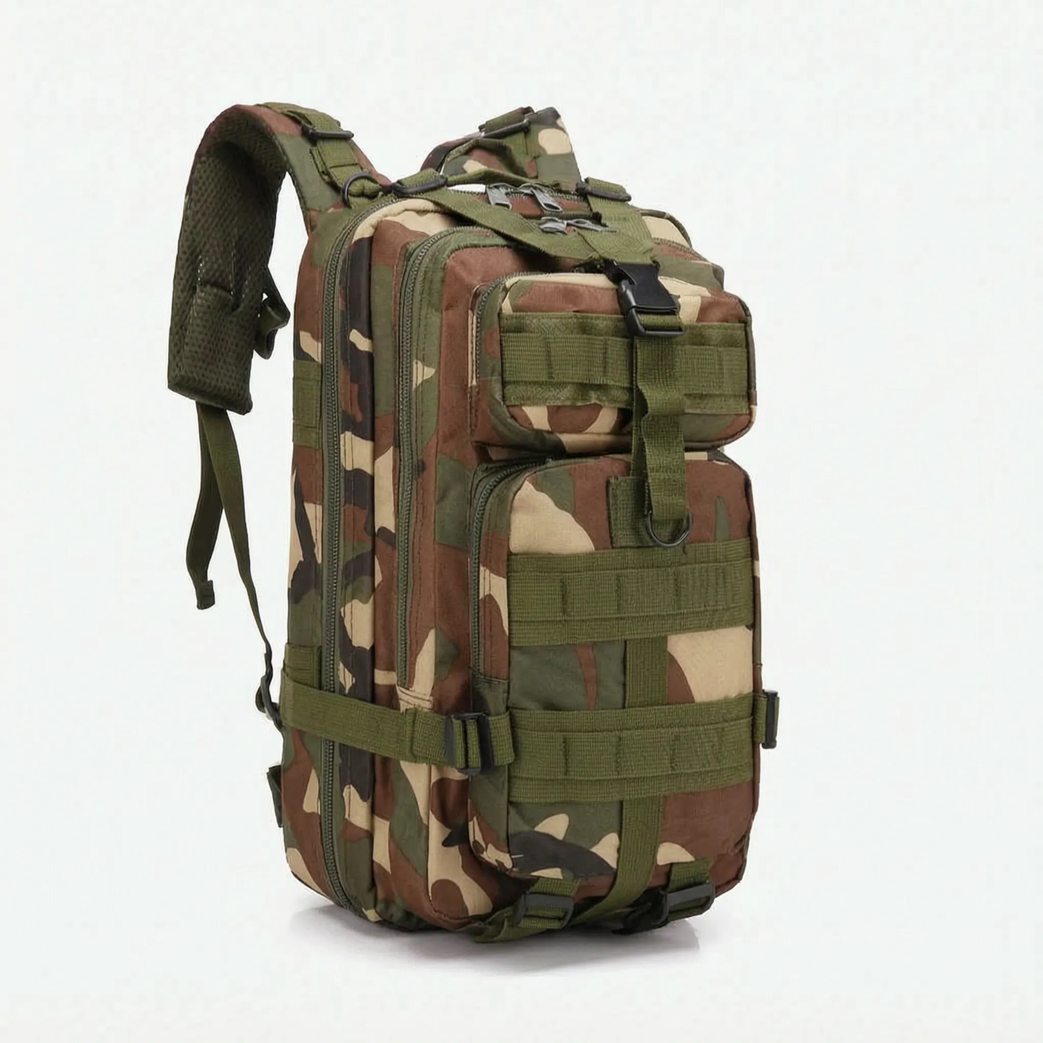 Wanderrucksack mit mehreren Fächern, gepolsterten Trägern und Kompressionsgurten