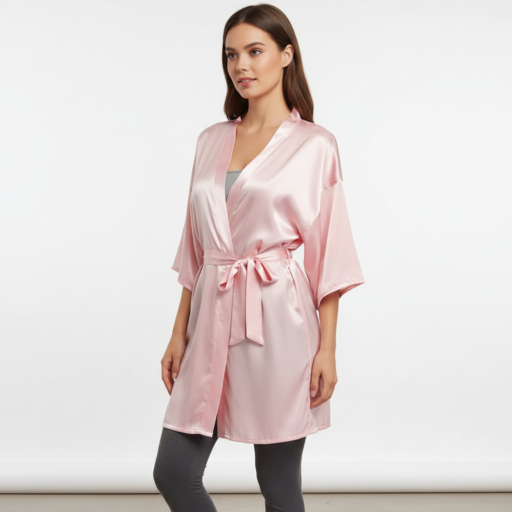 Kurzer Kimono-Bademantel leicht seidenartig mit Bindewaist