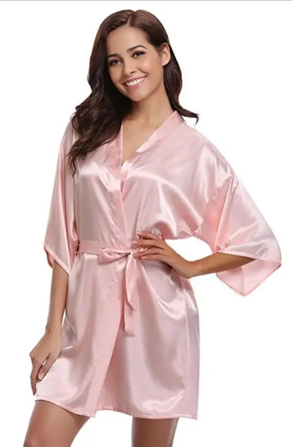 Kurzer Kimono-Bademantel leicht seidenartig mit Bindewaist