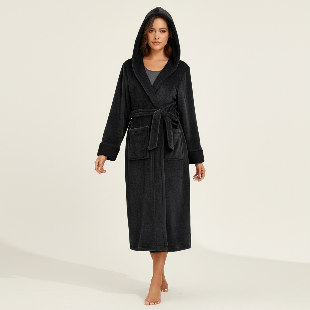 Langer Kapuzenbademantel Damen flauschig knöchellang Gürtel Winter