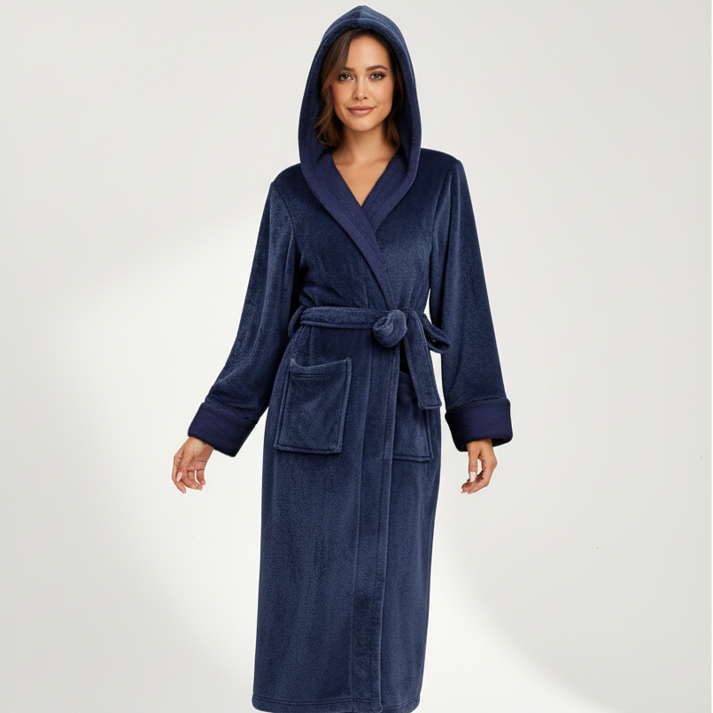 Langer Kapuzenbademantel Damen flauschig knöchellang Gürtel Winter